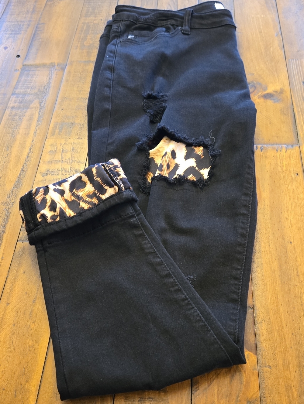 KanCan Black Skinny Jeans with Leopard Patch Cuff